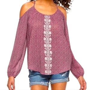 Blouse Blue White Embroidery Pink Back Lace Medium Cold Shoulder Long Sleeves